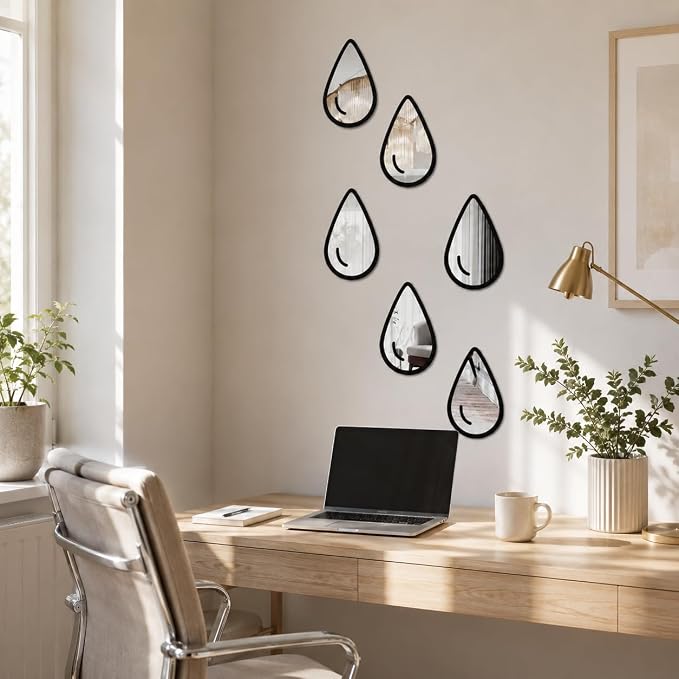 1 Set 6pcs Teardrop Mirror Wall Stickers, Self Adhesive Decorative Mirror Tiles, 5.9 x 3.5 Inch Water Drop Wall Mirror Decor for Bedroom Bathroom Living Room Entryway Modern Boho Accent