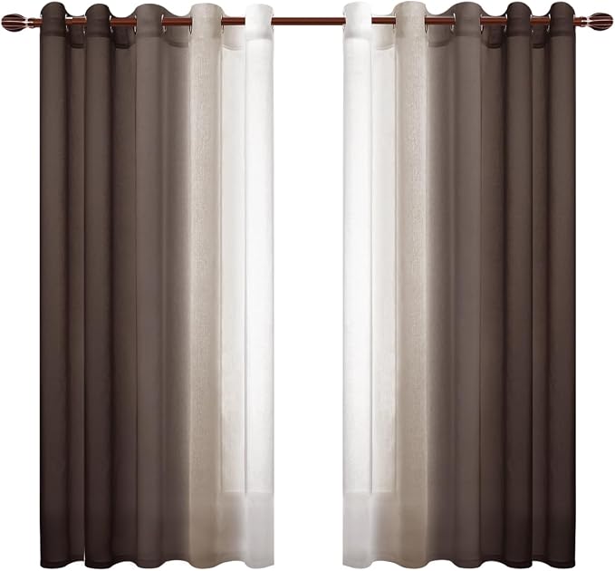DWCN Ombre Faux Linen Sheer Curtains - Extra Wide Gradient Semi Voile Grommet Top Bedroom and Living Room Curtains, 60 x 63 Inches Long, Set of 2 Window Curtain Panels, Chocolate Brown