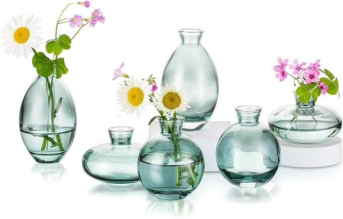 Glass Bud Vases Set of 6, Hewory Cute Green Small Vases Handmade, Mini Glass Flower Vase for Floral Arrangements, Tiny Centerpiece for Home Office Wedding Party Events Table Decor (Not Include Flower)