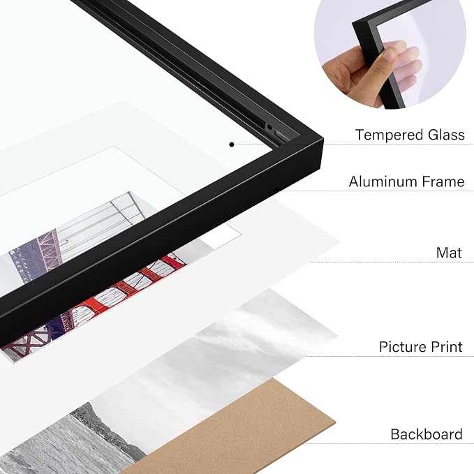 Frametory 9x12 Black Aluminum Metal Picture Frame Mat for 6x8 Glass