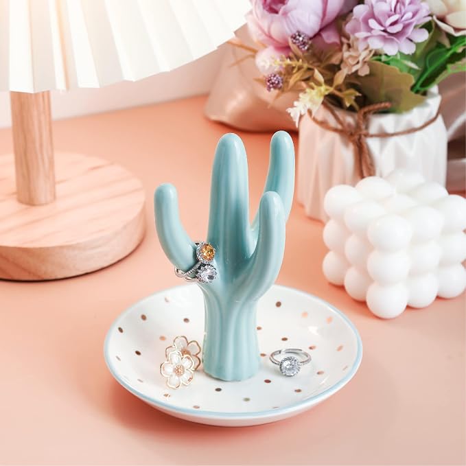 PUDDING CABIN Cactus Ring Holder, Birthday Gift for Women Her Mom Friend Female, Macaron Jewelry Dish with Dots Ins Room Decor Jewelry Dish for Rings Earrings Bracelets Necklace Organizer…