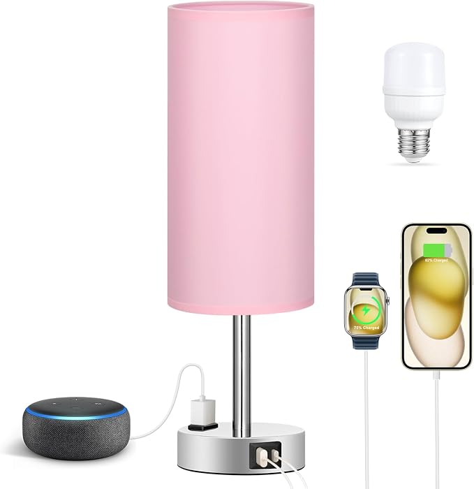 Fenmzee Pink Bedside Lamp for Bedroom, Dimmable Touch, USB A+C, AC Outlet