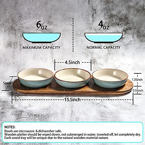 Artena 6oz Turquoise Solid Ceramic Chips and Dip Serving Platter with Acacia Wooden Tray, 4.5inch Glazing Small Serving Bowls/Dipping Dishes for Condiments,Side Dishes, Dipping, Pre, Dessert, Salsa