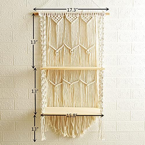 Macrame Wall Hanging Shelf - Boho Indoor Hanging Shelves for Wall - Decorative Bohemian Floating Plants Room Storage Shelving Macrame Rope Decor Organizer Rack, 2 Tier Indoor Handmade Plant Shelves