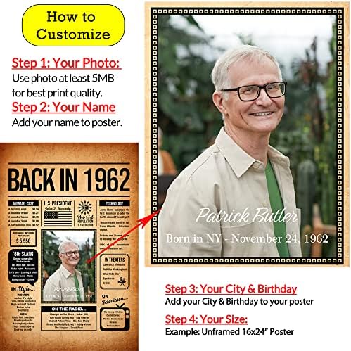 Back in 1962 Poster Sign, Personalized Birthday Gifts Idea, Custom 1962 Historical Birthday Newspaper, Born in 1962 Birthday Party Decorations, Fun Fact for the Day You Were Born, Decor Art Print
