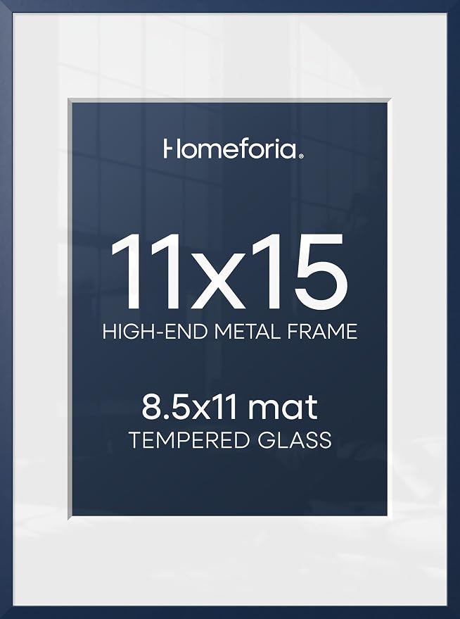 Homeforia 11x15 Blue Picture Frame, High-End Metal, 8.5x11 Mat, Glass