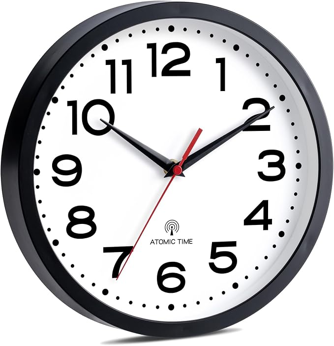 Roymnie 14 Inch Atomic Wall Clock, Battery Operated Silent Non Ticking | Black analog wall clock; bold numerals for easy reading; silent non-ticking; 1 AA battery (not included); for classroom