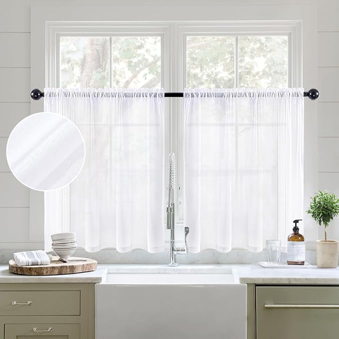 MIULEE White Sheer Kitchen Curtains 36 Inch Length Linen Textured Half Window Curtains for Bathroom Cafe, Rod Pocket Short Curtain Tiers Light Filtering Drapes 2 Panels 29 x 36 Inches Long