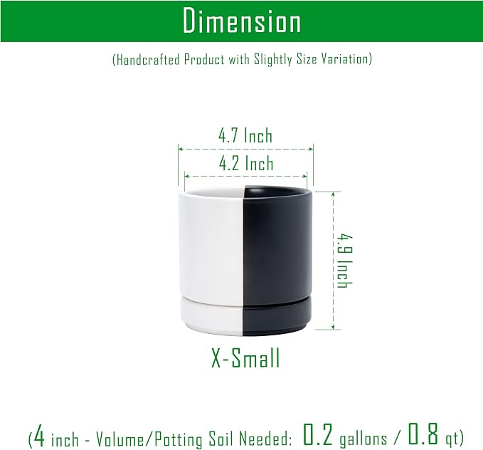 D'vine Dev 4.7 Inch Ceramic Planter Pot, Black White Split, 94-O-B-0 | Modern Cylinder Design, Drainage Hole & Saucer Included, Stable Structure, Elegant Home Accent