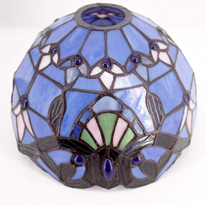 WERFACTORY Tiffany Table Lamp Blue Purple Stained Glass Baroque Style Reading Desk Light, Metal Leaf Base 8X10X21 Inches Decor Small Space Bedside Bedroom Home Office S003C Series