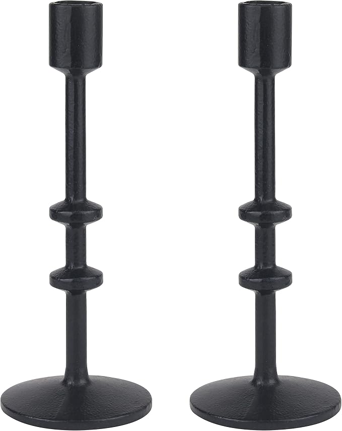 Stonebriar 9" Black Cast Iron Metal 2pc Taper Candle Holder Set, Large