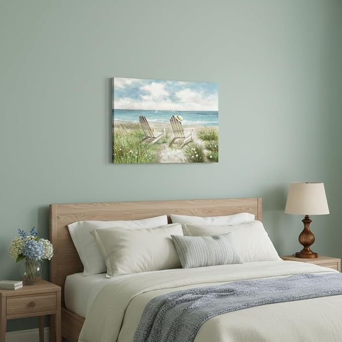 arttitue Seascape Wall Art Canvas Picture: Beach Chair Seascape Print Decor Ocean Coastal Scene Painting Seaside Sea Wave Grass Artwork for Bathroom Living Room