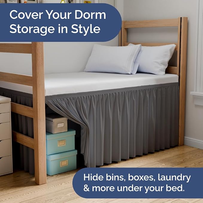Dorm Room Bed Skirt Full XL - College Dorm Essentials - Dark Grey, 30 Inch | Extra Long Dust Ruffled College Bedskirt with Split Corners, Easy Fit Elastic Strap, Adjustable, Fade & Wrinkle Free