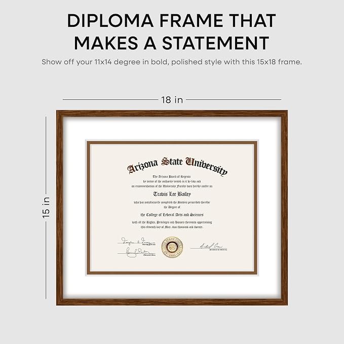 Homeforia 15x18 Brown Oak Diploma Frame, High-End Wood, 11x14 Mat, Glass