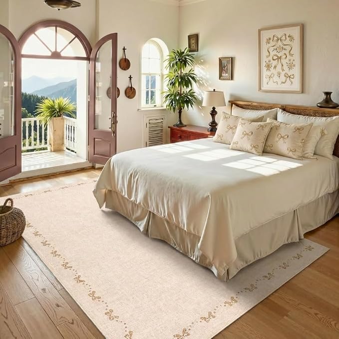 COZYLOOM 10x14 Area Rugs for Living Room Modern Bow Border Rug with Non Slip Backing, Non Shedding Low Pile Washable Rug Stain Resistant Foldable Mats for Dining Room, Bedroom, Office, Beige