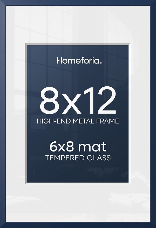 Homeforia 8x12 Blue Picture Frame, High-End Metal, 6x8 Mat, Glass