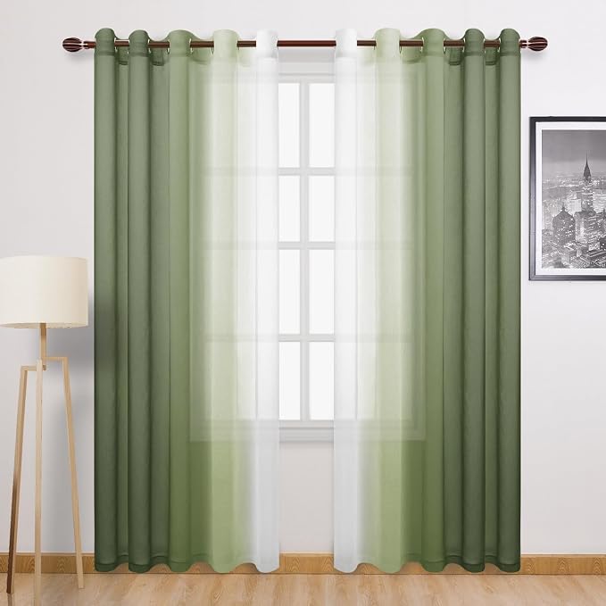 DWCN Ombre Sheer Curtains - Faux Linen Semi Voile Grommet Top Gradient Curtains for Bedroom and Living Room, Set of 2 Window Curtain Panels, 52 x 90 Inch Length, Light Olive Green