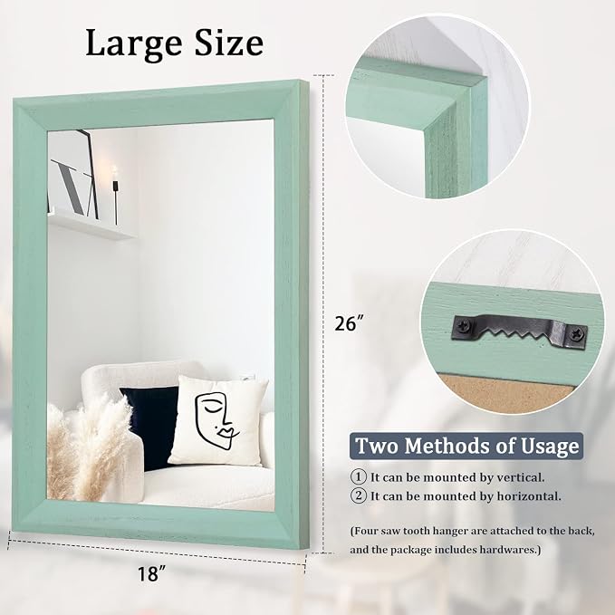 AAZZKANG Wood Framed Mirror Rectangle Modern Farmhouse Wall Mirrors Decor Large 26"x18" for Bedroom Living Room Bathroom Green
