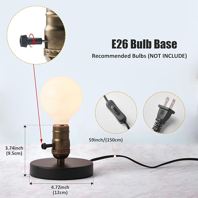 Vintage Table Lamp, Industrial Desk Lamp Small Retro Bedside Lamp with ON/Off Switch E26 Lamp Holder for Home Lighting Decor, Cafe Bar, Studio Antique Decor(Without Bulb)