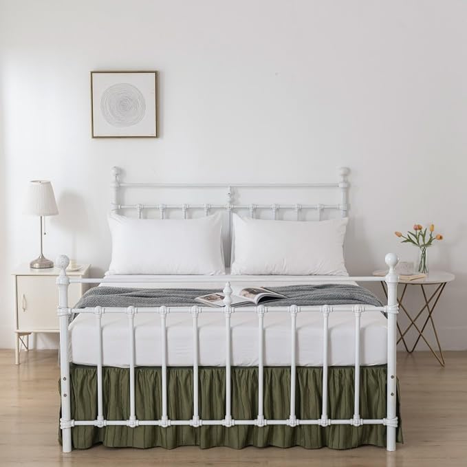 Bed Skirt Queen Size - Ruffled Bed Skirt - with Split Corners - Green | Striped Boho Tufted -14 Inch Drop Bedskirt with Platform-Soft Premium Hotel Quality - Easy Fit