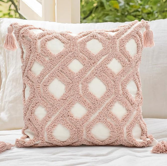 Boho Throw Pillow Covers 18x18 Tufted with Tassles,Blush Pink