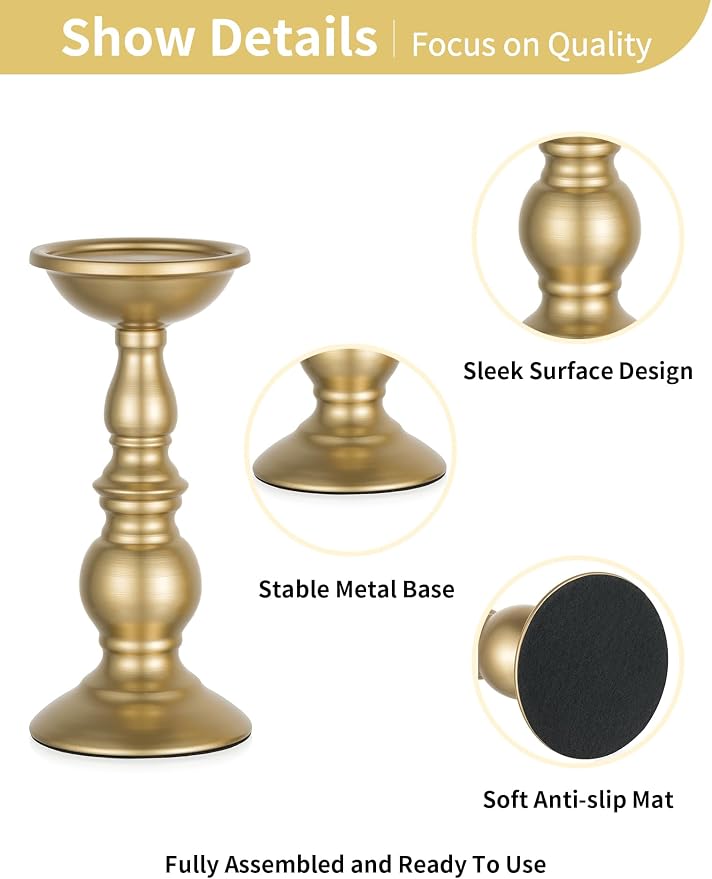 NUPTIO Gold Pillar Candle Holder: Brass Tall Stand for 3" Candles