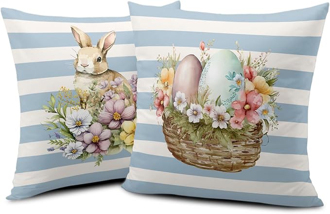 Blue and White Stripes Easter Pillows Decorative Throw Pillow Covers Flowers Colorful Eggs Bunny Pillow Cases 20 x 20 Set of 2 Spring Decoration for Indoor Living Room