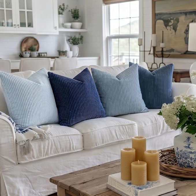 LANANAS Decorative Corduroy Throw Pillow Covers 20x20 Inch Blue Ocean | Set of 4 Neutral Couch Farmhouse Boho Throw Pillows for Living Room, Couch, Bed, Sofa Soft Accent Home Decor