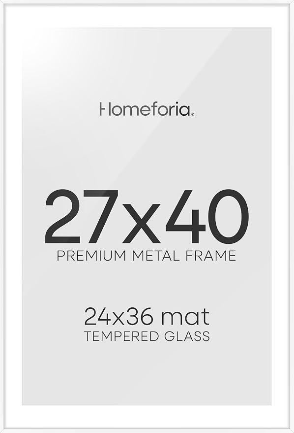 Homeforia 27x40 White Poster Frame, High-End Metal, 24x36 Mat, Glass