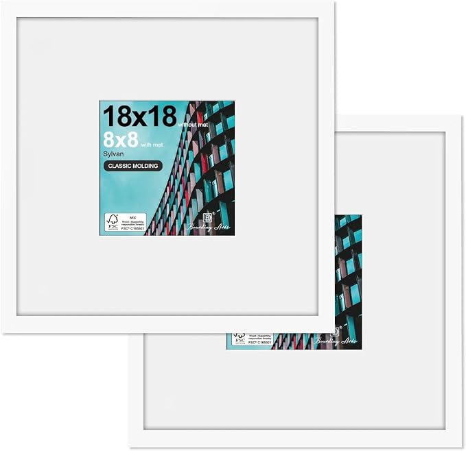 18x18 Poster Frame-White, 8x8 Mat,Engineered Wood,Polished Plexiglass