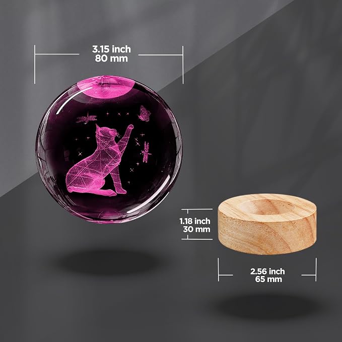 3D Cat Crystal Ball Night Light 3.15In Cat Figurines Glass Ball Lamp with 16 Color and Remote Birthday Christmas Gifts for Women Girl Friends Cat Lover Decor