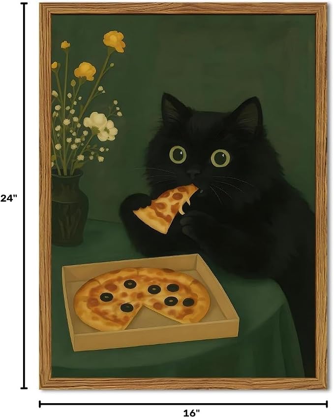 Funny Black Cat Wall Art Whimsical Black Cat Eating Pizza Wall Decor Cute Animal Dark Green Kitchen Poster Canvas Prints for Bedroom Living Dining Room 16x24 inch Wood Framed