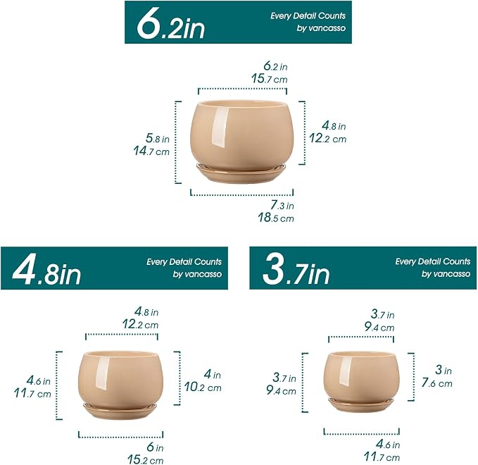 vancasso 3-Pack Ceramic Plant Pots, 3.7/4.8/6.2 Inch Indoor Planters with Saucers & Drainage Hole Planter pots for Indoor Plants and Flower, Brown