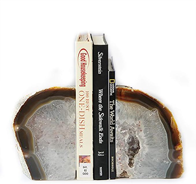 JIC Gem Natural Agate Geode Bookends Anti-Slip Rubber Bumpers 1 Pair 3-4Lbs | Natural Agate Crystal Shelf Decor, Weighted Stone Book Holders for Home & Office, Unique Gemstone Crystal Bookends Gift