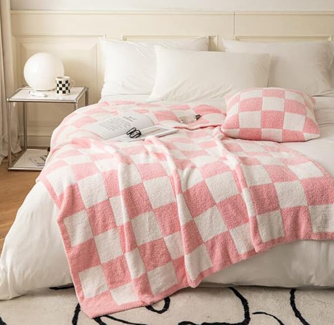 Ultra Soft Cozy Buffalo Checkerboard Grid Fluffy Microfiber Queen Size Bed Blanket Checkered Knitted Blanket Lightweight Fleece for Sofa Couch Bed Travel (Pink, Queen：90"X90")