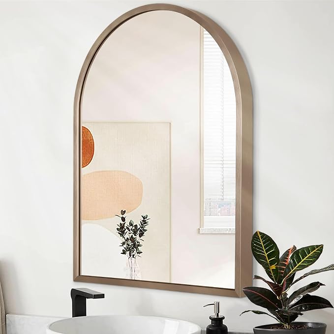 Large Arch Wall Mirror Bathroom Mirror Brass 26"x18" Metal Framed Mirror, Arched Wall Mounted Vanity Mirror for Bedroom, Living Room, Entryway
