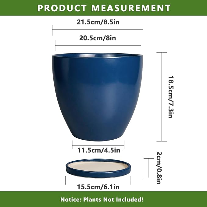 Ceramic Plant Pot - 8 Inch Planter for Indoor Outdoor Plants, Round Flower Pots with Drainage and Tray, Home Office Decor, Blue