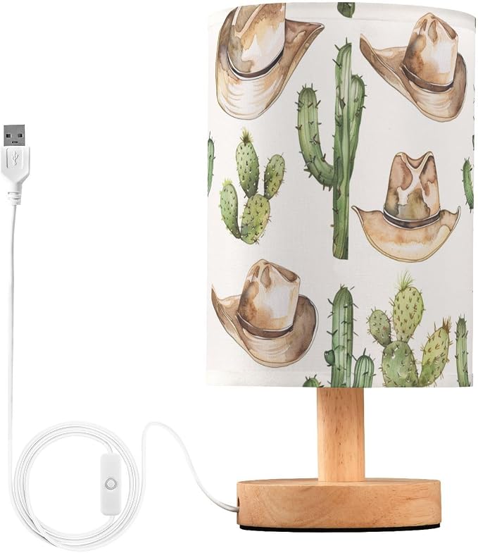 Bedside Table Lamp Western Cowboy Desert Cactus Nightstand Lamp with Wood Desk Lamps for Bedroom Living Room Nursery Office Home Decor