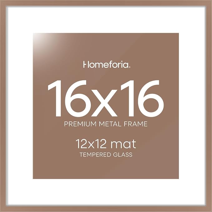 Homeforia 16x16 Mocha Picture Frame, High-End Metal, 12x12 Mat, Glass