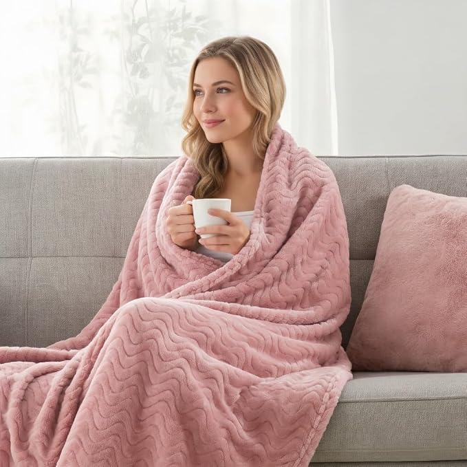 Exclusivo Mezcla Soft Fleece Blanket Twin Size for Bed, Sofa, Pink | 90"x66" Breathable Lightweight Flannel Blanket for Summer, Plush Cozy Jacquard Wave for Home Decor