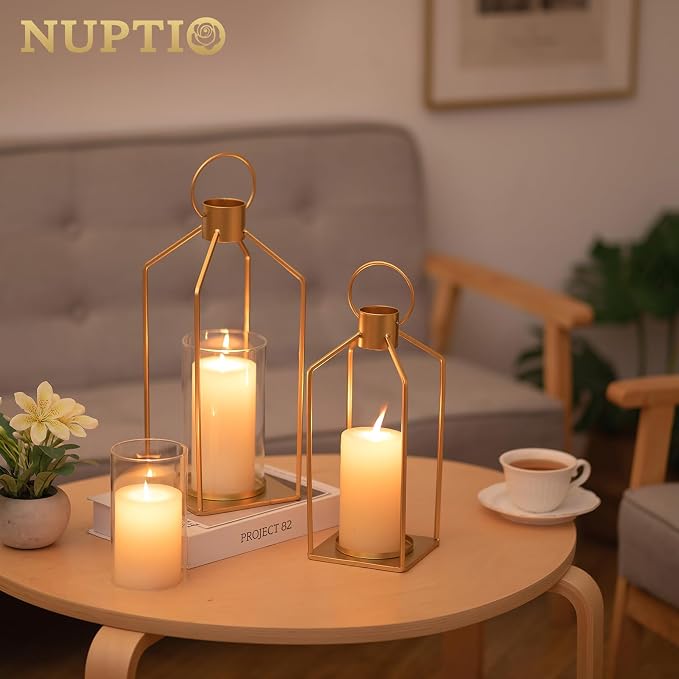 NUPTIO Gold Lanterns Decorative Indoor: Hanging Candle Lantern for Pillars | Hurricane Glass Lantern Set of 2for Wedding Home Front Porch Outdoor Fireplace Christmas Table Centerpiece