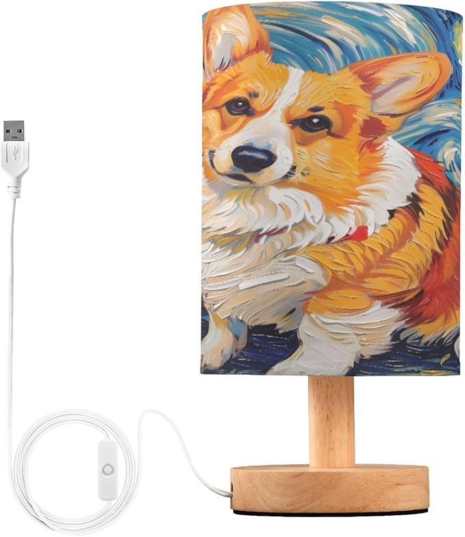 Bedside Lamp Corgi Dog Starry Night Table Lamp for Bedroom LED Nightstand Lamp Shade USB Ports Wood Base for Living Room Dorm Office