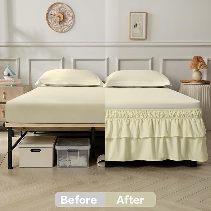 Double-Layered Ruffled Bed Skirt,Beige,Twin/Twin XL, 14" Drop | Wrap Around, Adjustable Elastic, 2 Layer, Machine Washable Soft Fabric, Multi Ruffle Bedskirt