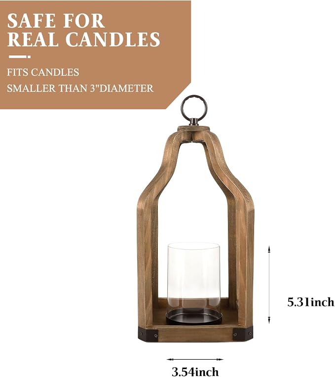 Rustic Wood Lantern Candle Holder for Farmhouse Decor | Indoor and Outdoor Table Centerpiece with Glass Hurricane, 15.7" High