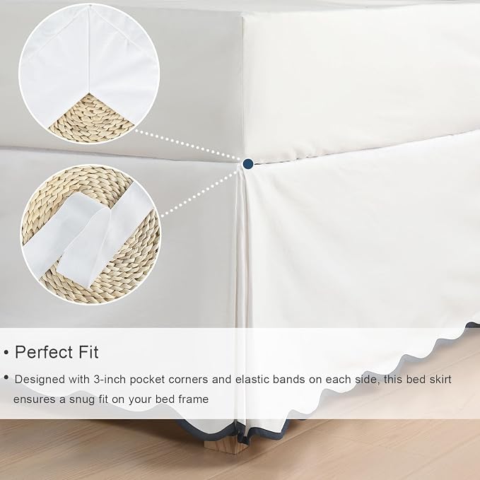HIG Chic 12'' Queen BedSkirts Scallop Edge Pleated Dust Ruffle | Easy Fit, Anti-Slip, Thick Fabric for Enhanced Privacy, Pre-Washed for Long-Lasting Use, Off White/Navy
