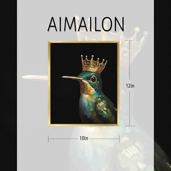 AIMAILON Gold Frame Hummingbird Bird Crown, Modern Animal Bird Art 10x12 | with photo frame, golden frame, modern animal and bird art painting, bathroom decoration