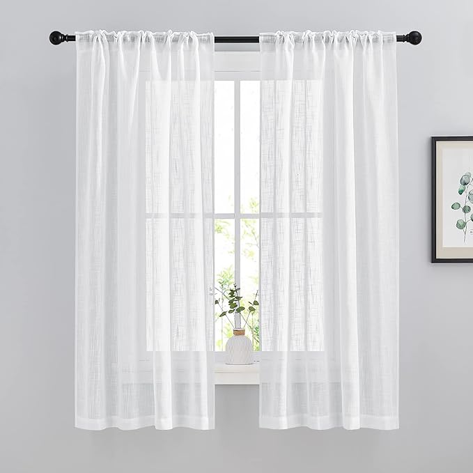 NICETOWN Linen Sheer Curtains for Windows 63" Long, Rod Pockets & Back Tab Privacy Window Treatments Vertical Drapes with Light Filter for Bedroom/Nursery, 84" Wide Total 2 Pieces, White