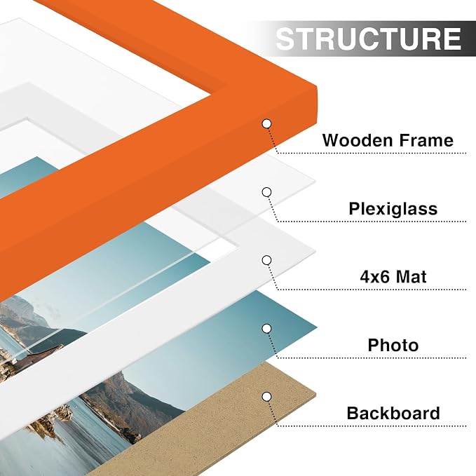 Vittanly 5x7 Picture Frames Set of 9 for Wall or Tabletop Display, Orange | Display Pictures 4x6 with Mat or 5x7 without Mat, Small Photo Frames, Engineered Wood with Shatter Resistant Plexiglass