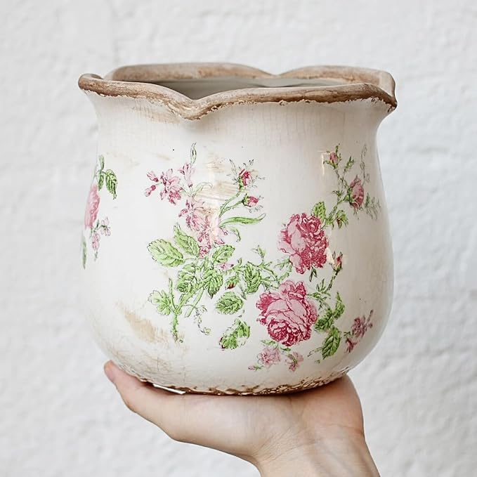 Xiaan Jiaju Shabby Chic Flower Pot, 6.11 Inch Ceramic Planter with Drainage for Indoor Plants, Vintage Ceramic Vase, Country Chic Spring Garden Home Decor, Pink Rose Floral
