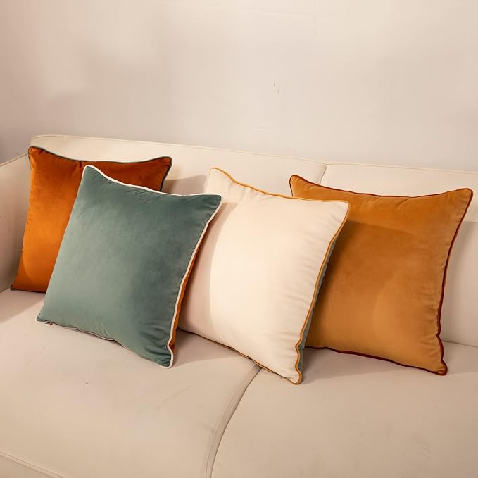 Throw Pillow Covers 18x18 Inch Set of 4 Soft Velvet Decorative Throw Pillow Covers Square Cushion Case Solid Cushion Covers Modern Double-Colored pillowcases for Home Couch Decoration Orange/Teal